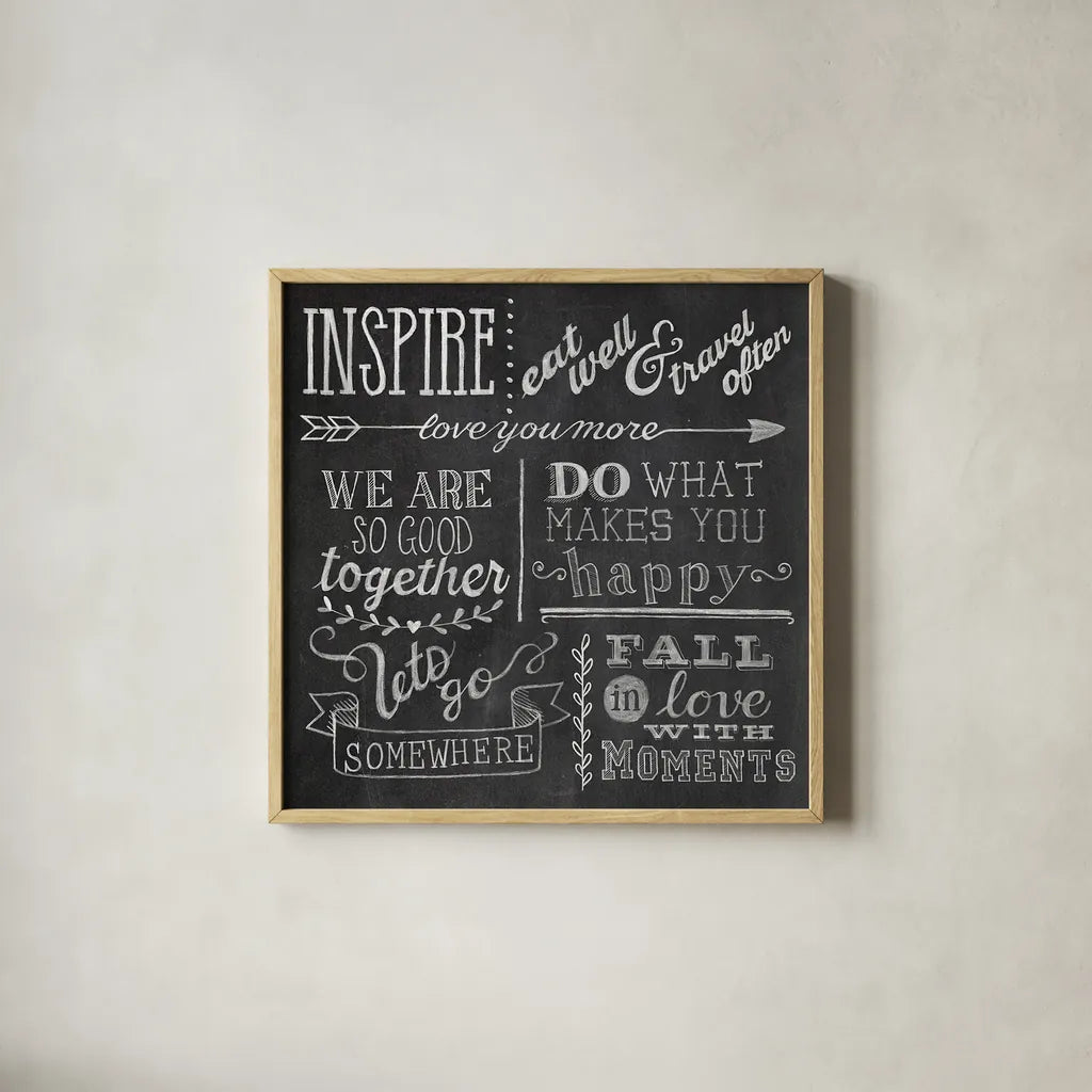 Inspiration Chalkboard III by Mary Urban. Shown in a natural wood glass frame for a timeless modern aesthetic. Available as an archival giclee rolled canvas, fine art paper, or poster print. SKU 25578a.
