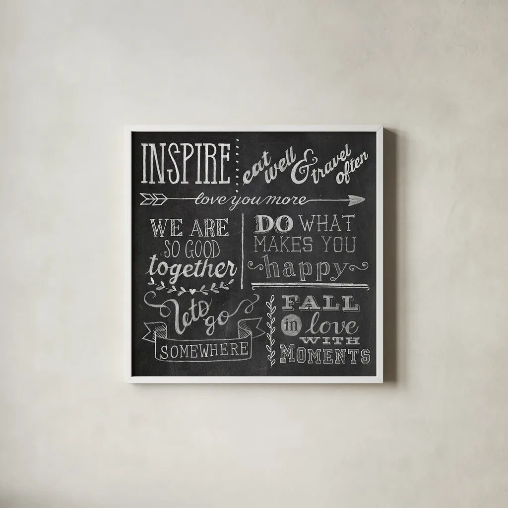 Inspiration Chalkboard III by Mary Urban. Shown in a crisp white glass frame for a clean and minimalist style. Available as an archival giclee rolled canvas, fine art paper, or poster print. SKU 25578a.