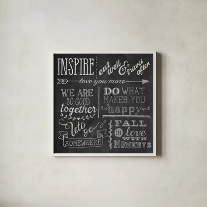Inspiration Chalkboard III by Mary Urban. Shown in a crisp white glass frame for a clean and minimalist style. Available as an archival giclee rolled canvas, fine art paper, or poster print. SKU 25578a.