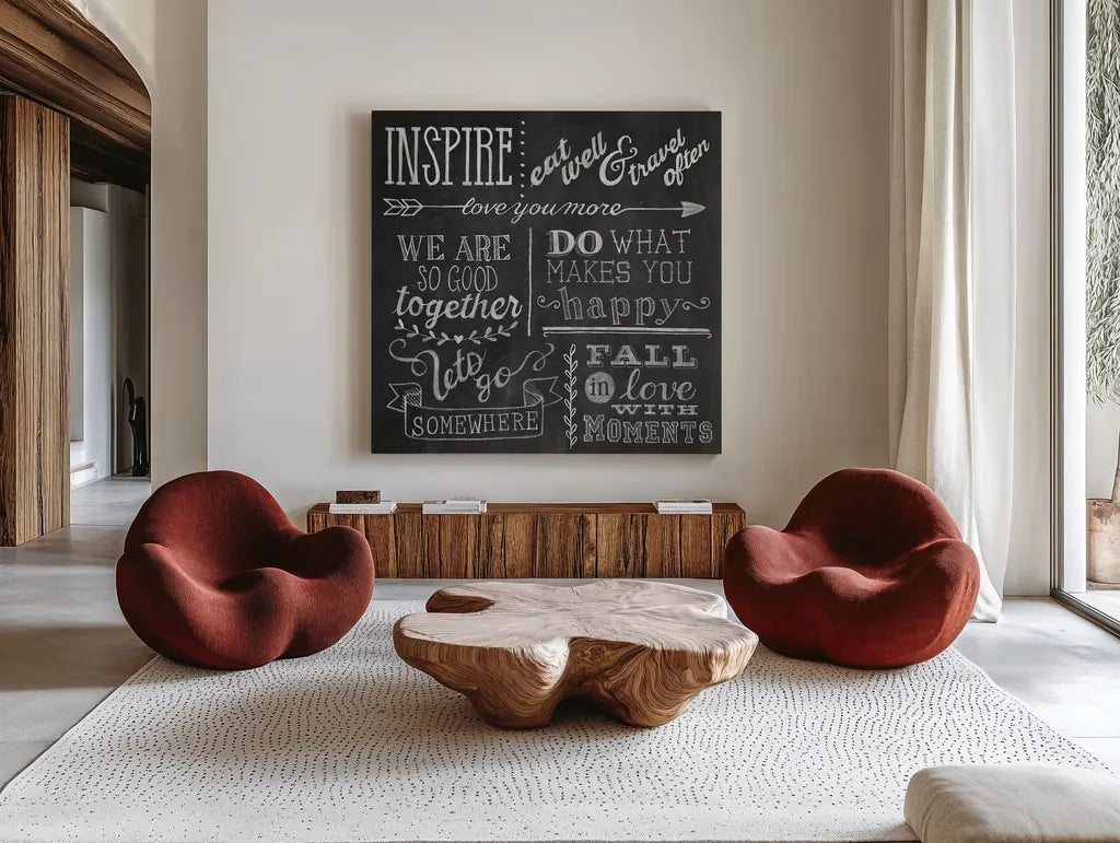 Inspiration Chalkboard III by Mary Urban. Shown as extra-large giant wall art in a modern living room. Available as an archival giclee rolled canvas, fine art paper, or poster print. SKU 25578a.