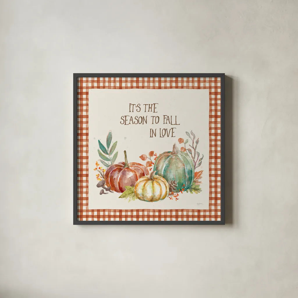 Its the Season by Mary Urban. Shown in a sleek black glass frame for a contemporary gallery look. Available as an archival giclee rolled canvas, fine art paper, or poster print. SKU 57887a.