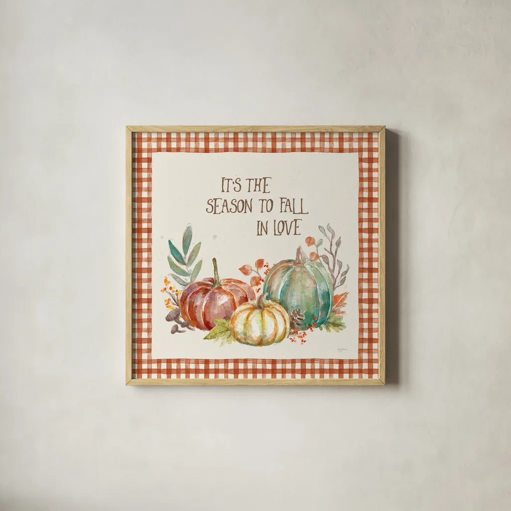 Its the Season by Mary Urban. Shown in a natural wood glass frame for a timeless modern aesthetic. Available as an archival giclee rolled canvas, fine art paper, or poster print. SKU 57887a.