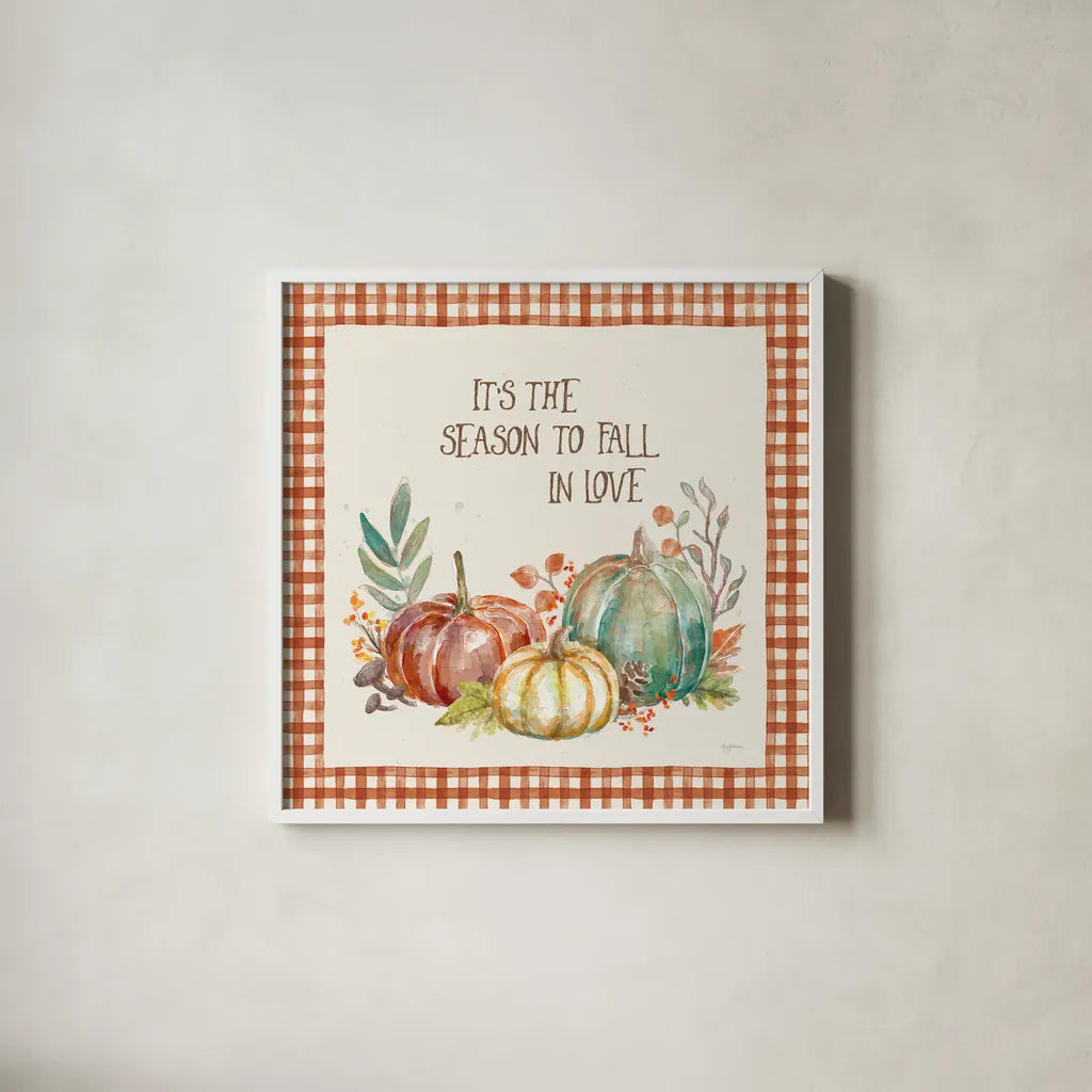 Its the Season by Mary Urban. Shown in a crisp white glass frame for a clean and minimalist style. Available as an archival giclee rolled canvas, fine art paper, or poster print. SKU 57887a.