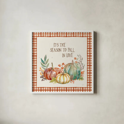 Its the Season by Mary Urban. Shown in a crisp white glass frame for a clean and minimalist style. Available as an archival giclee rolled canvas, fine art paper, or poster print. SKU 57887a.