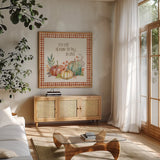 Its the Season by Mary Urban. Shown in a natural wood frame in a cozy modern living room. Available as an archival giclee rolled canvas, fine art paper, or poster print. SKU 57887a.