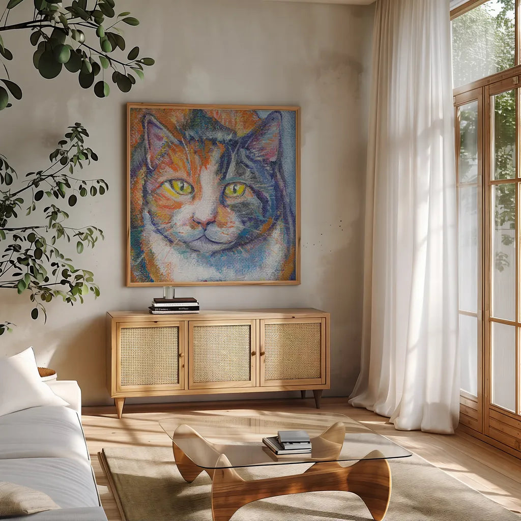 JuJu Bee Crop by Mary Urban. Shown in a natural wood frame in a cozy modern living room. Available as an archival giclee rolled canvas, fine art paper, or poster print. SKU 27190a.