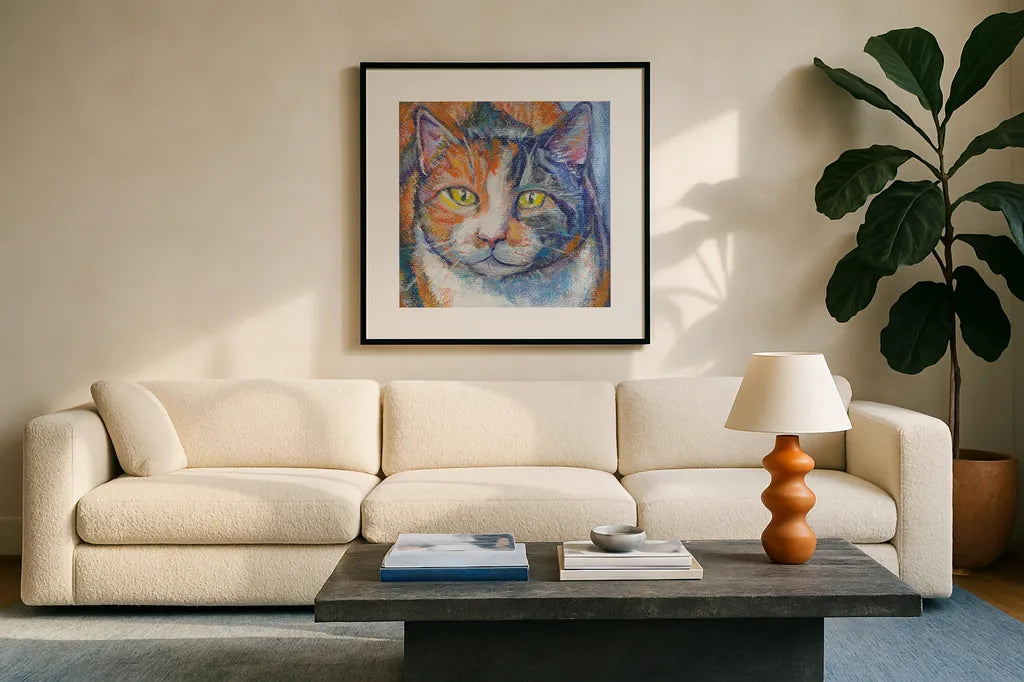 JuJu Bee Crop by Mary Urban. Displayed in a glass frame with matte in a clean modern living room. Available as an archival giclee rolled canvas, fine art paper, or poster print. SKU 27190a.