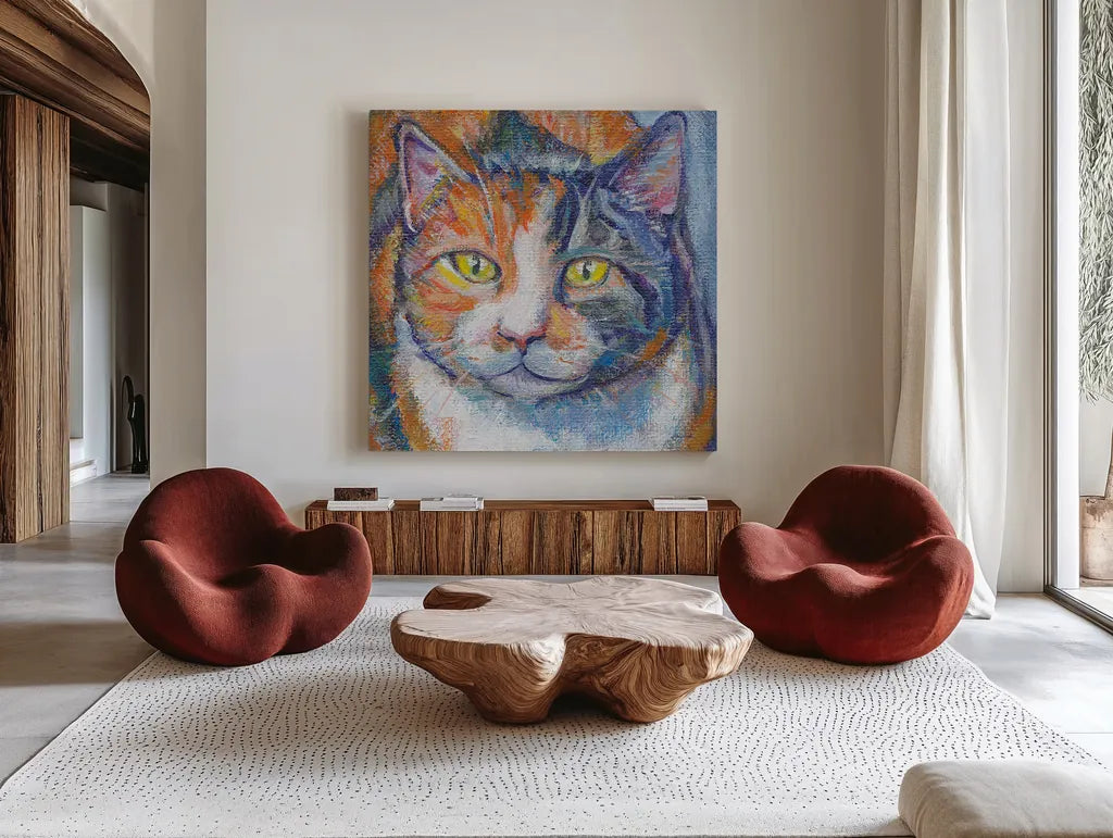 JuJu Bee Crop by Mary Urban. Shown as extra-large giant wall art in a modern living room. Available as an archival giclee rolled canvas, fine art paper, or poster print. SKU 27190a.