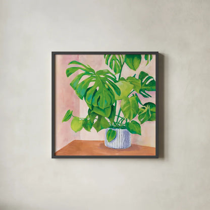 Jungalow by Mary Urban. Shown in a sleek black glass frame for a contemporary gallery look. Available as an archival giclee rolled canvas, fine art paper, or poster print. SKU 54686a.