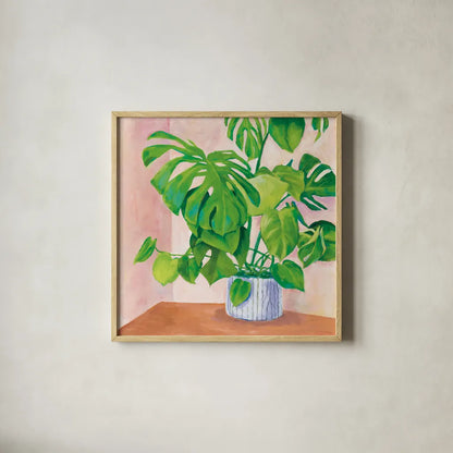 Jungalow by Mary Urban. Shown in a natural wood glass frame for a timeless modern aesthetic. Available as an archival giclee rolled canvas, fine art paper, or poster print. SKU 54686a.