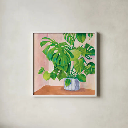 Jungalow by Mary Urban. Shown in a crisp white glass frame for a clean and minimalist style. Available as an archival giclee rolled canvas, fine art paper, or poster print. SKU 54686a.