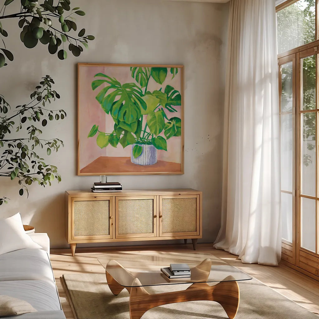Jungalow by Mary Urban. Shown in a natural wood frame in a cozy modern living room. Available as an archival giclee rolled canvas, fine art paper, or poster print. SKU 54686a.