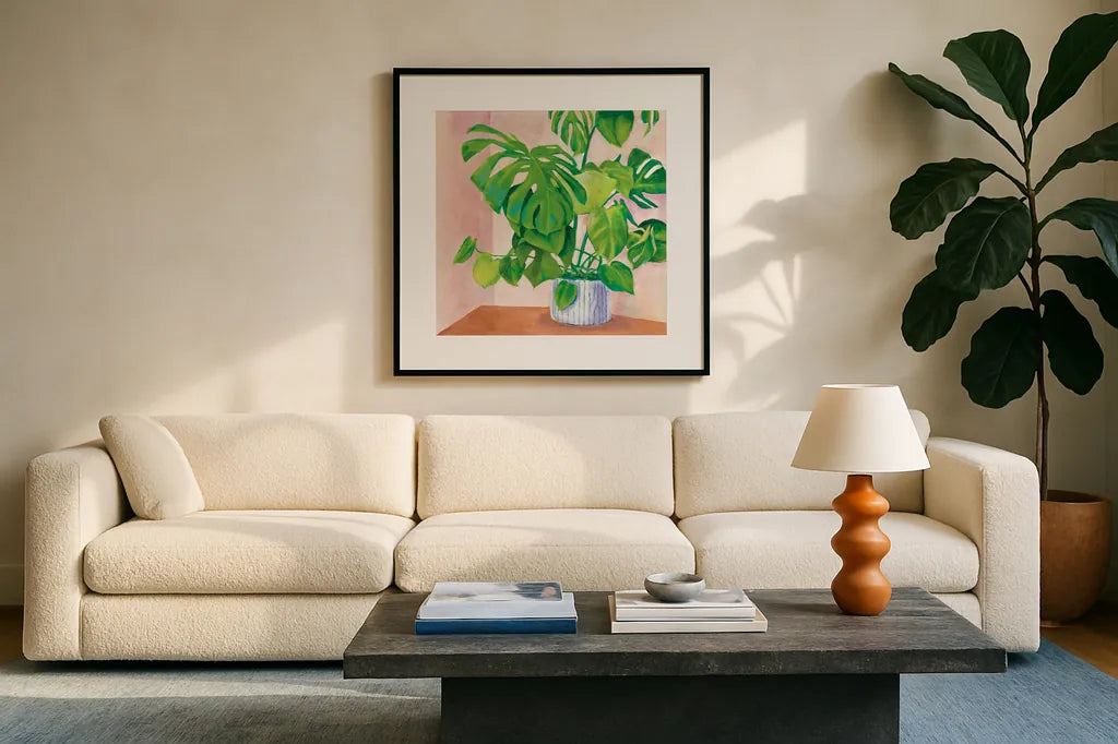 Jungalow by Mary Urban. Displayed in a glass frame with matte in a clean modern living room. Available as an archival giclee rolled canvas, fine art paper, or poster print. SKU 54686a.