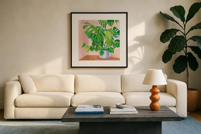 Jungalow by Mary Urban. Displayed in a glass frame with matte in a clean modern living room. Available as an archival giclee rolled canvas, fine art paper, or poster print. SKU 54686a.