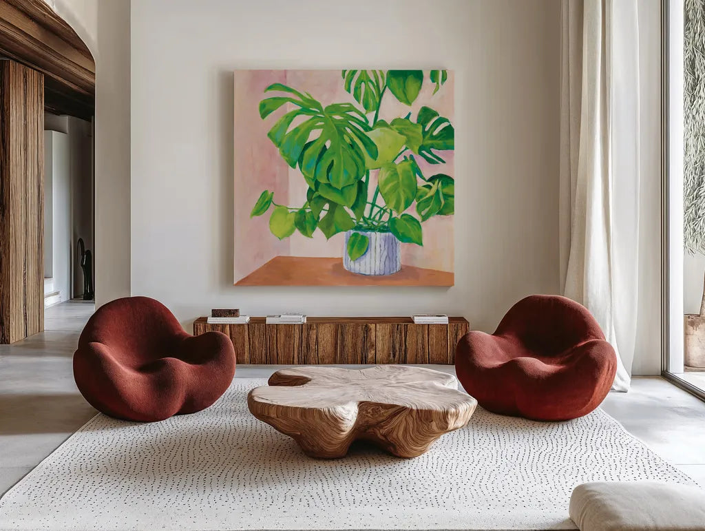Jungalow by Mary Urban. Shown as extra-large giant wall art in a modern living room. Available as an archival giclee rolled canvas, fine art paper, or poster print. SKU 54686a.