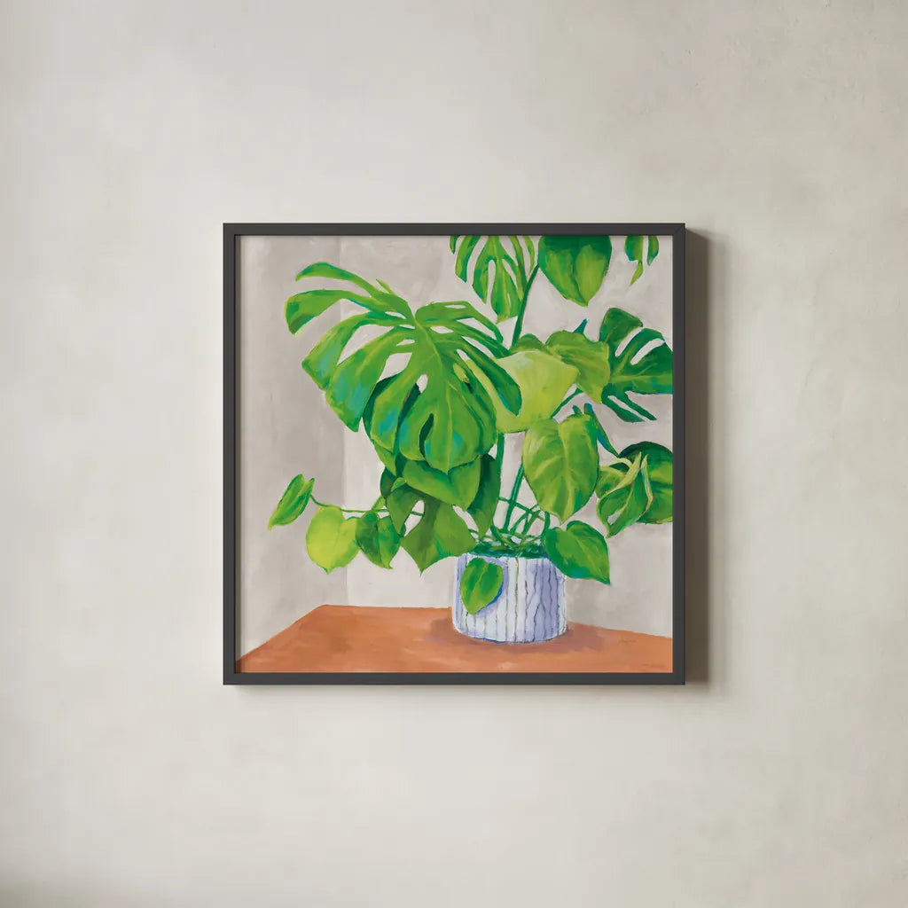 Jungalow Gray by Mary Urban. Shown in a sleek black glass frame for a contemporary gallery look. Available as an archival giclee rolled canvas, fine art paper, or poster print. SKU 63082a.