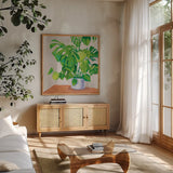 Jungalow Gray by Mary Urban. Shown in a natural wood frame in a cozy modern living room. Available as an archival giclee rolled canvas, fine art paper, or poster print. SKU 63082a.