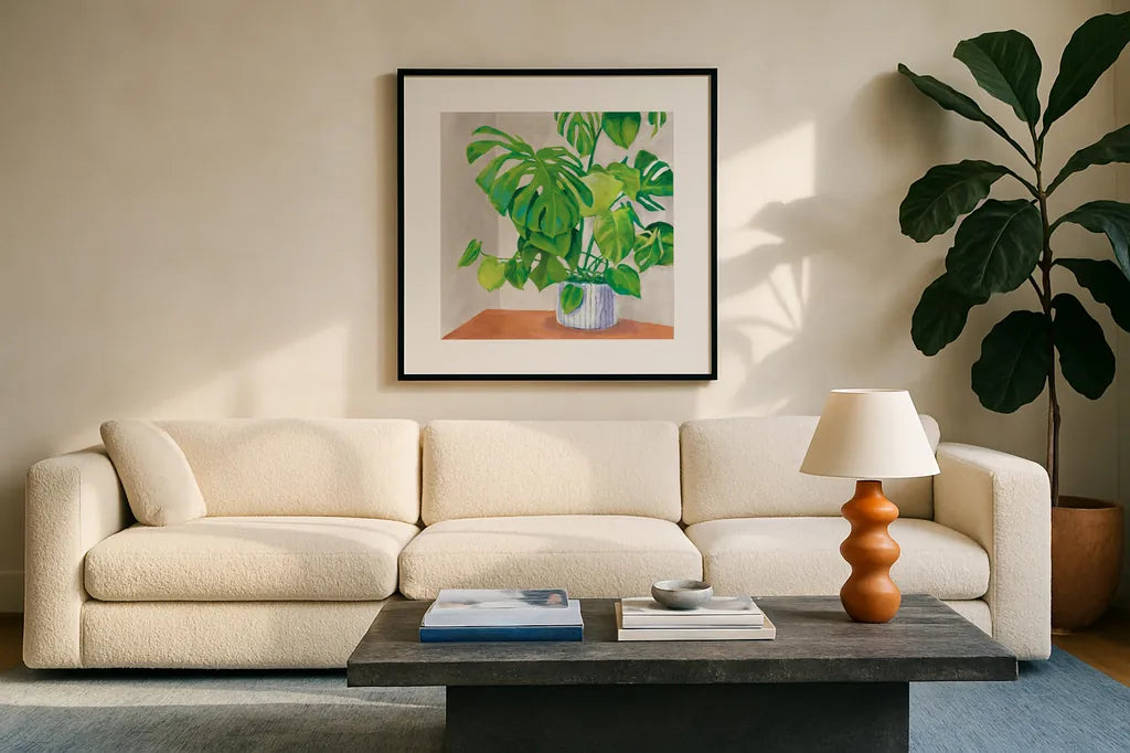 Jungalow Gray by Mary Urban. Displayed in a glass frame with matte in a clean modern living room. Available as an archival giclee rolled canvas, fine art paper, or poster print. SKU 63082a.