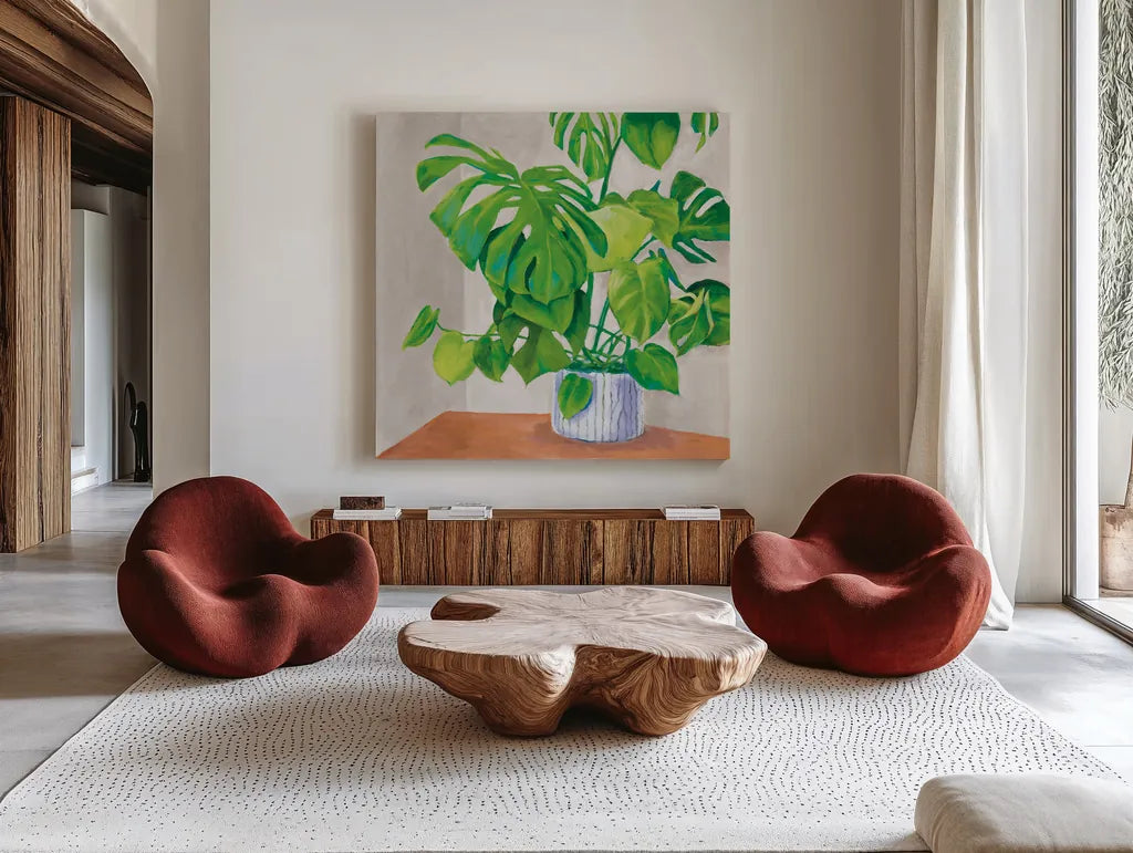Jungalow Gray by Mary Urban. Shown as extra-large giant wall art in a modern living room. Available as an archival giclee rolled canvas, fine art paper, or poster print. SKU 63082a.