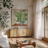 Jungalow Neutral by Mary Urban. Shown in a natural wood frame in a cozy modern living room. Available as an archival giclee rolled canvas, fine art paper, or poster print. SKU 65551a.