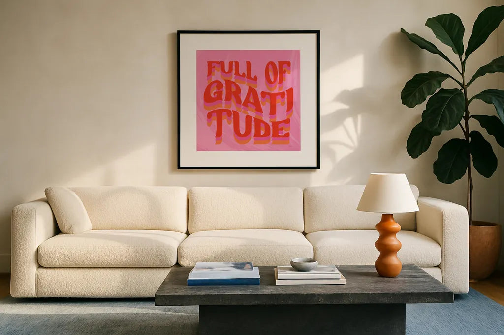 Kind Words II by Mary Urban. Displayed in a glass frame with matte in a clean modern living room. Available as an archival giclee rolled canvas, fine art paper, or poster print. SKU 97051a.