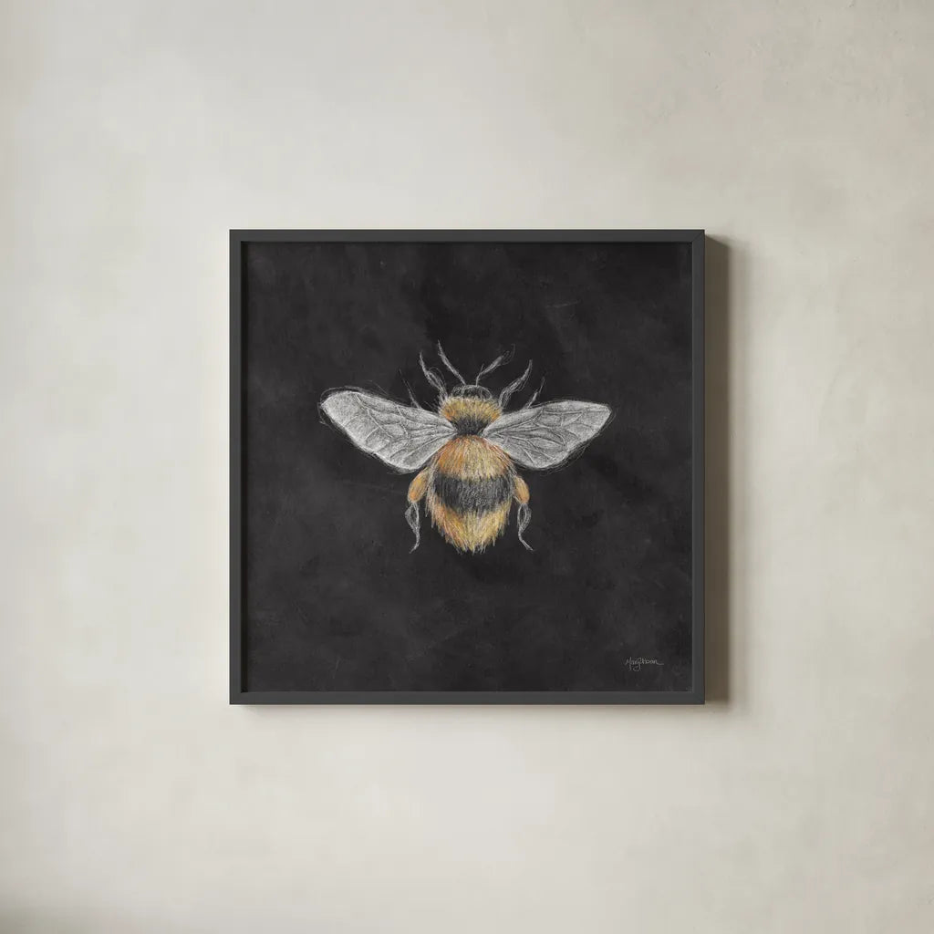 Late Summer Harvest Bee I by Mary Urban. Shown in a sleek black glass frame for a contemporary gallery look. Available as an archival giclee rolled canvas, fine art paper, or poster print. SKU 81824a.
