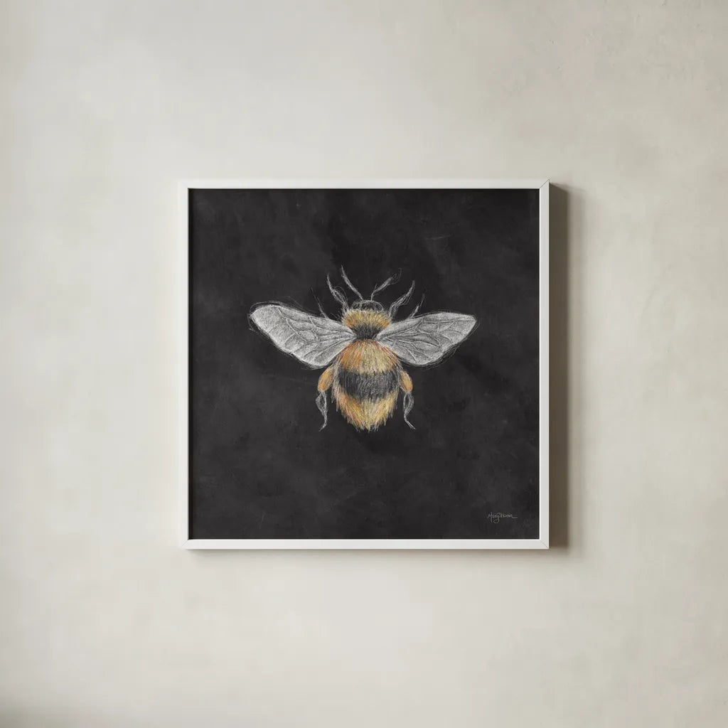 Late Summer Harvest Bee I by Mary Urban. Shown in a crisp white glass frame for a clean and minimalist style. Available as an archival giclee rolled canvas, fine art paper, or poster print. SKU 81824a.