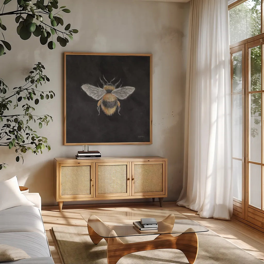 Late Summer Harvest Bee I by Mary Urban. Shown in a natural wood frame in a cozy modern living room. Available as an archival giclee rolled canvas, fine art paper, or poster print. SKU 81824a.