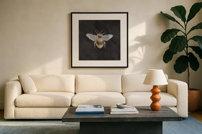 Late Summer Harvest Bee I by Mary Urban. Displayed in a glass frame with matte in a clean modern living room. Available as an archival giclee rolled canvas, fine art paper, or poster print. SKU 81824a.