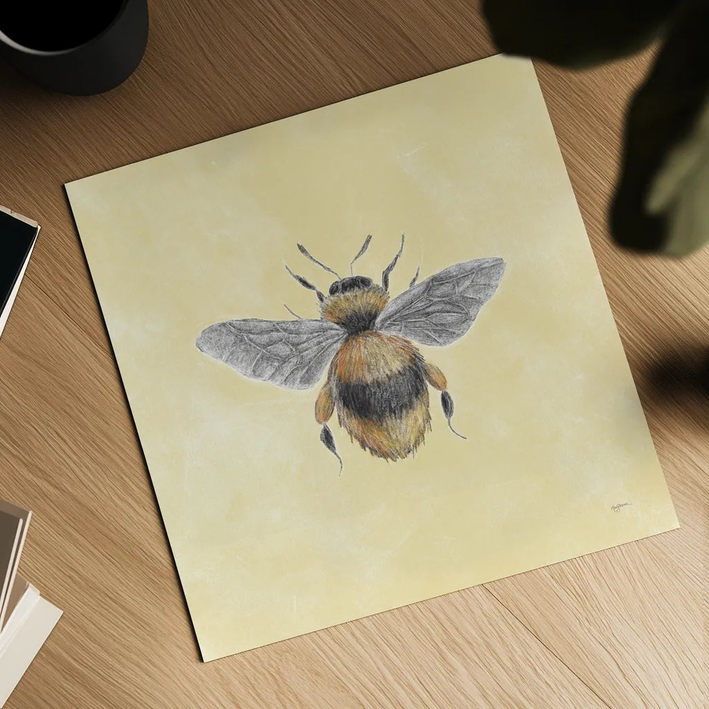 Late Summer Harvest Bee I Yellow by Mary Urban. Shown as a detailed flat fine art print, highlighting archival giclee quality. Available as an archival giclee rolled canvas, fine art paper, or poster print. SKU 87933a.