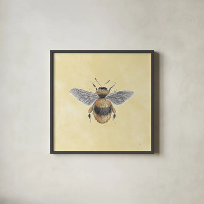Late Summer Harvest Bee I Yellow by Mary Urban. Shown in a sleek black glass frame for a contemporary gallery look. Available as an archival giclee rolled canvas, fine art paper, or poster print. SKU 87933a.