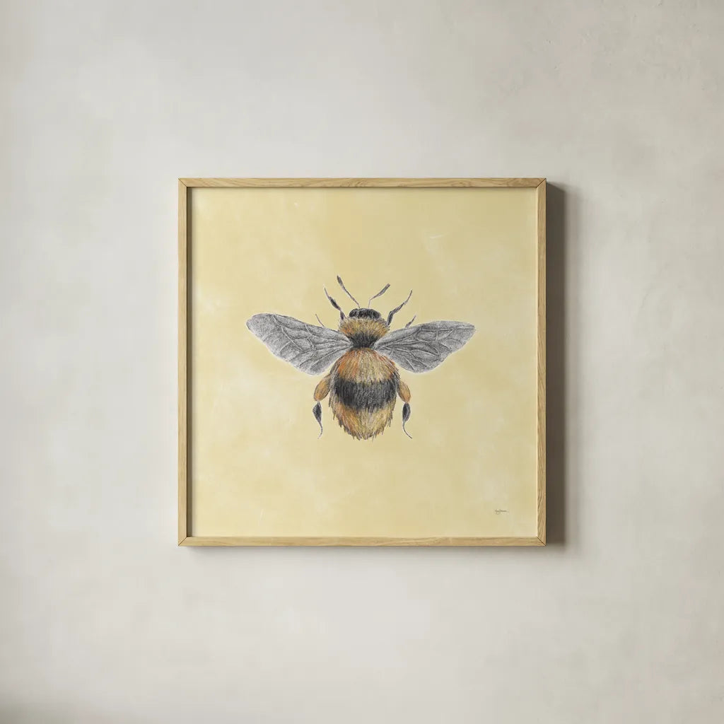 Late Summer Harvest Bee I Yellow by Mary Urban. Shown in a natural wood glass frame for a timeless modern aesthetic. Available as an archival giclee rolled canvas, fine art paper, or poster print. SKU 87933a.