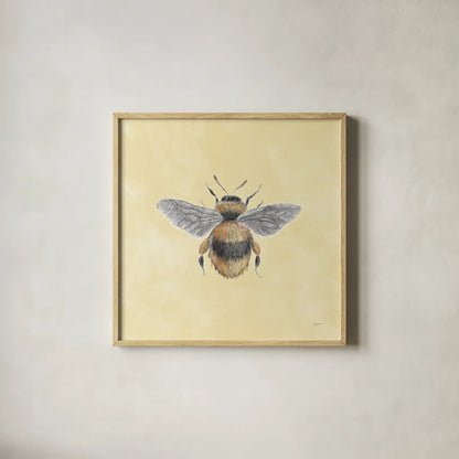 Late Summer Harvest Bee I Yellow by Mary Urban. Shown in a natural wood glass frame for a timeless modern aesthetic. Available as an archival giclee rolled canvas, fine art paper, or poster print. SKU 87933a.