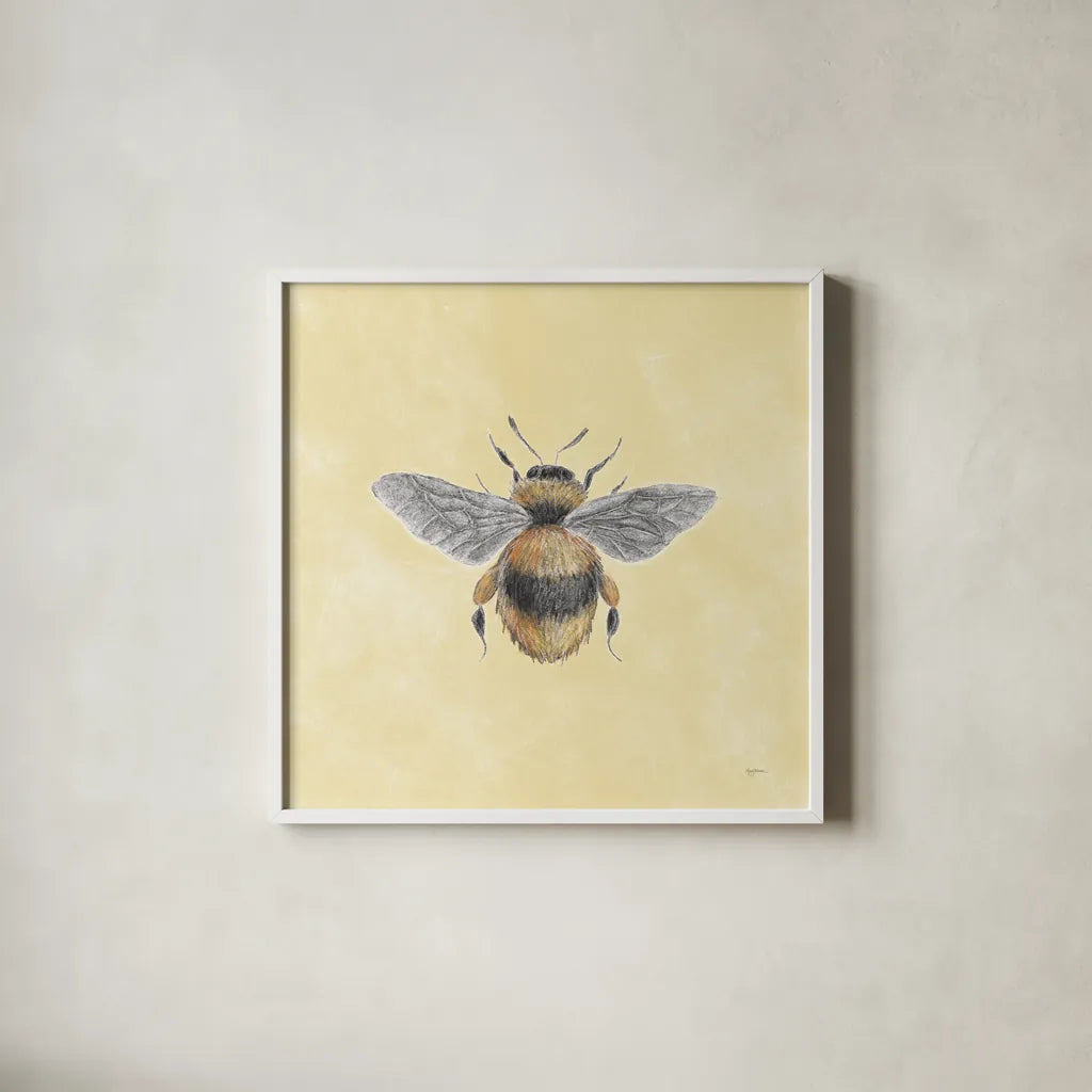 Late Summer Harvest Bee I Yellow by Mary Urban. Shown in a crisp white glass frame for a clean and minimalist style. Available as an archival giclee rolled canvas, fine art paper, or poster print. SKU 87933a.