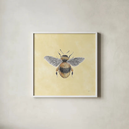 Late Summer Harvest Bee I Yellow by Mary Urban. Shown in a crisp white glass frame for a clean and minimalist style. Available as an archival giclee rolled canvas, fine art paper, or poster print. SKU 87933a.