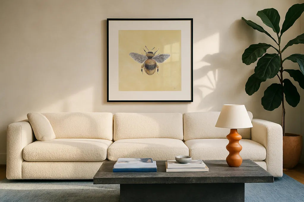 Late Summer Harvest Bee I Yellow by Mary Urban. Displayed in a glass frame with matte in a clean modern living room. Available as an archival giclee rolled canvas, fine art paper, or poster print. SKU 87933a.
