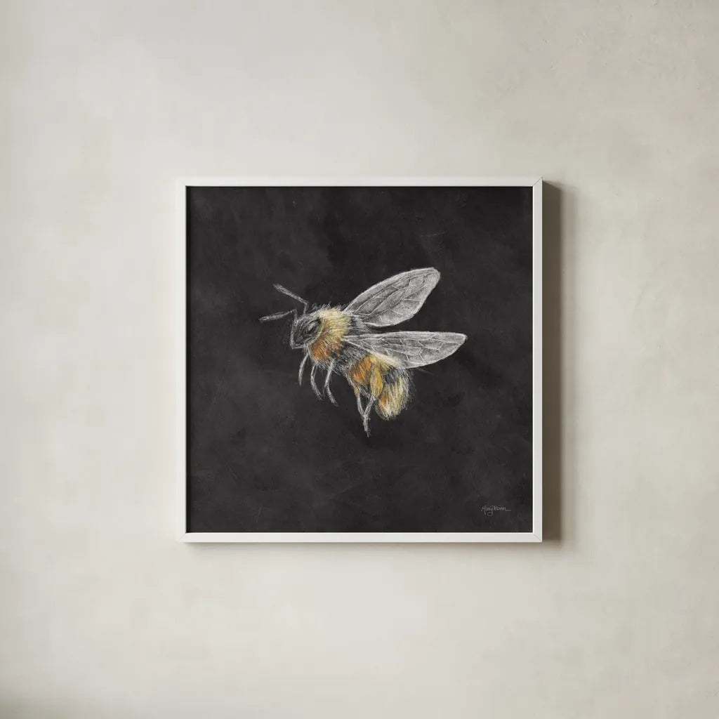 Late Summer Harvest Bee II by Mary Urban. Shown in a crisp white glass frame for a clean and minimalist style. Available as an archival giclee rolled canvas, fine art paper, or poster print. SKU 81825a.