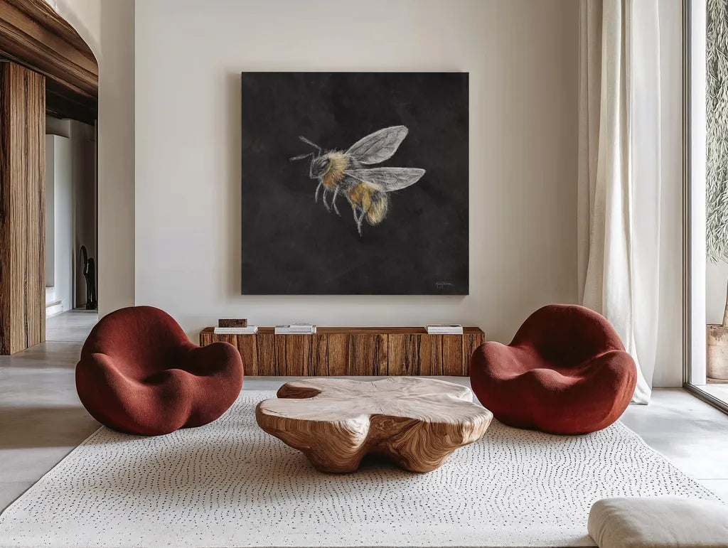 Late Summer Harvest Bee II by Mary Urban. Shown as extra-large giant wall art in a modern living room. Available as an archival giclee rolled canvas, fine art paper, or poster print. SKU 81825a.