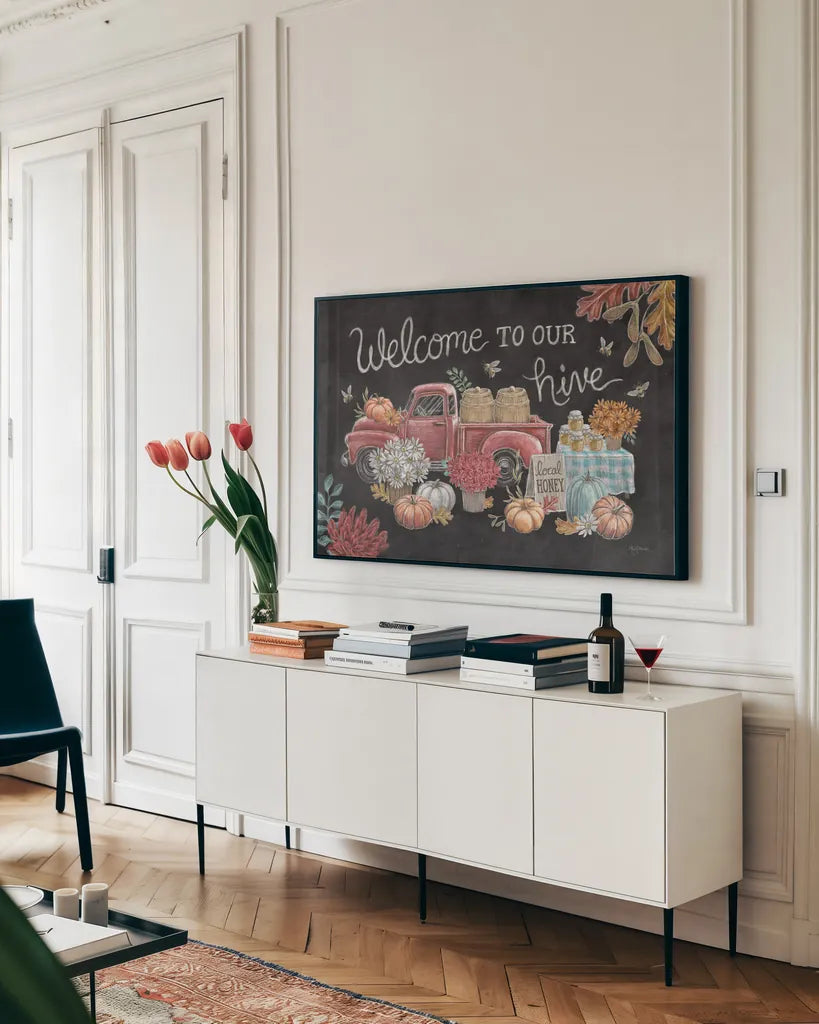 Late Summer Harvest I by Mary Urban. shown as a framed stretched canvas in a living room above a console. Available as a archival giclee rolled canvas, fine art paper, or poster print. SKU 81203i.