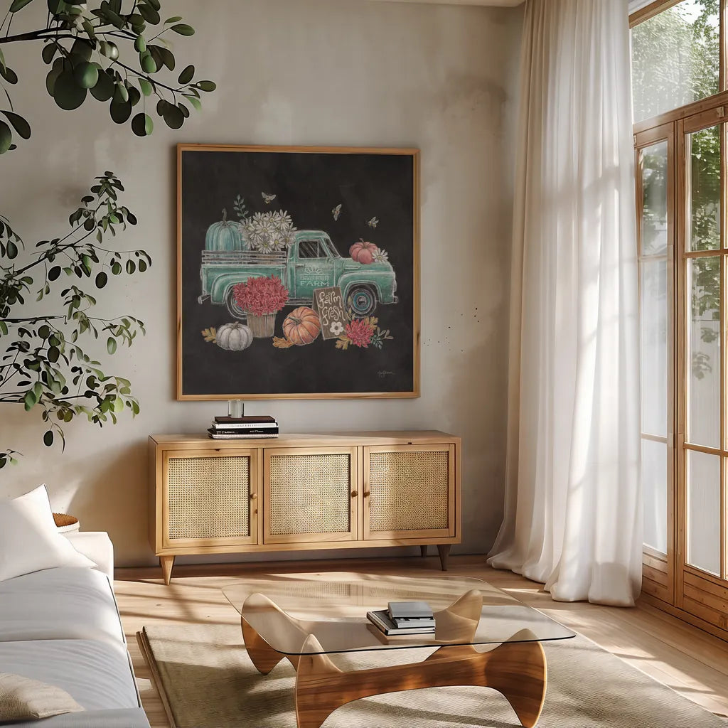 Late Summer Harvest II by Mary Urban. Shown in a natural wood frame in a cozy modern living room. Available as an archival giclee rolled canvas, fine art paper, or poster print. SKU 81204a.