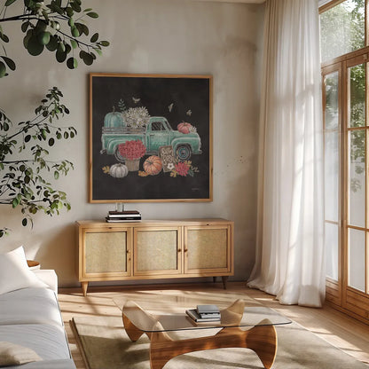 Late Summer Harvest II by Mary Urban. Shown in a natural wood frame in a cozy modern living room. Available as an archival giclee rolled canvas, fine art paper, or poster print. SKU 81204a.