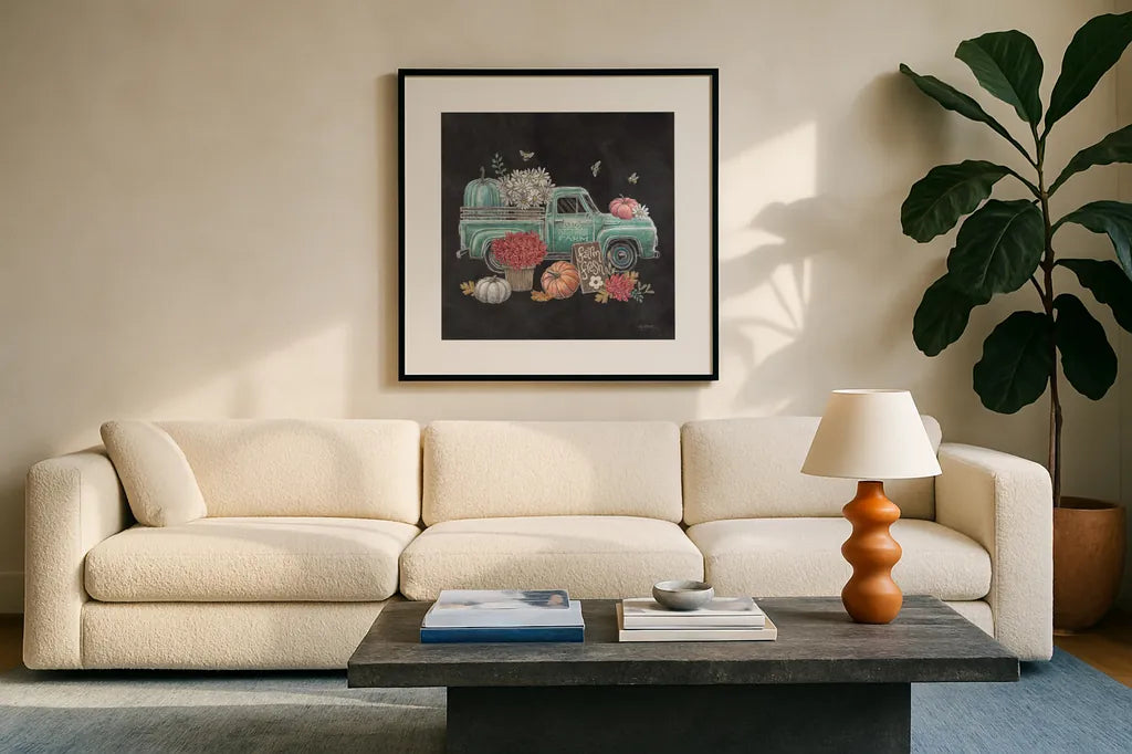 Late Summer Harvest II by Mary Urban. Displayed in a glass frame with matte in a clean modern living room. Available as an archival giclee rolled canvas, fine art paper, or poster print. SKU 81204a.