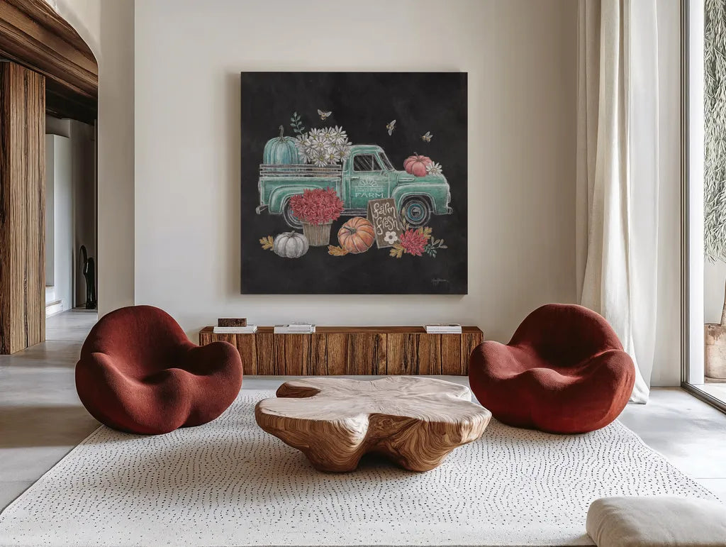 Late Summer Harvest II by Mary Urban. Shown as extra-large giant wall art in a modern living room. Available as an archival giclee rolled canvas, fine art paper, or poster print. SKU 81204a.