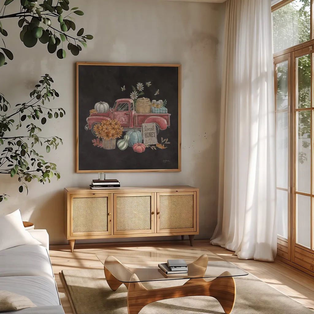 Late Summer Harvest III by Mary Urban. Shown in a natural wood frame in a cozy modern living room. Available as an archival giclee rolled canvas, fine art paper, or poster print. SKU 81205a.