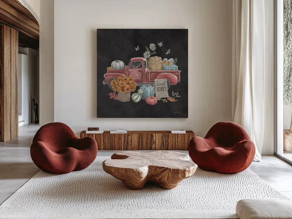 Late Summer Harvest III by Mary Urban. Shown as extra-large giant wall art in a modern living room. Available as an archival giclee rolled canvas, fine art paper, or poster print. SKU 81205a.