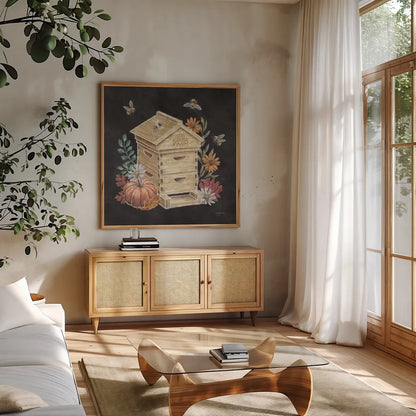 Late Summer Harvest IV by Mary Urban. Shown in a natural wood frame in a cozy modern living room. Available as an archival giclee rolled canvas, fine art paper, or poster print. SKU 81206a.