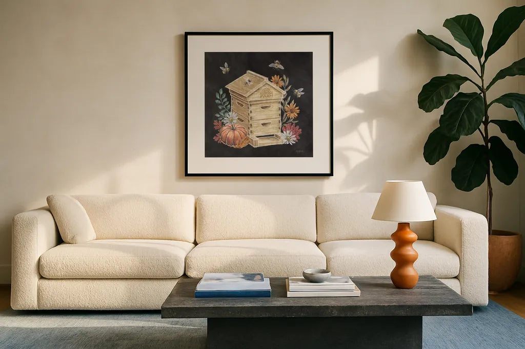 Late Summer Harvest IV by Mary Urban. Displayed in a glass frame with matte in a clean modern living room. Available as an archival giclee rolled canvas, fine art paper, or poster print. SKU 81206a.