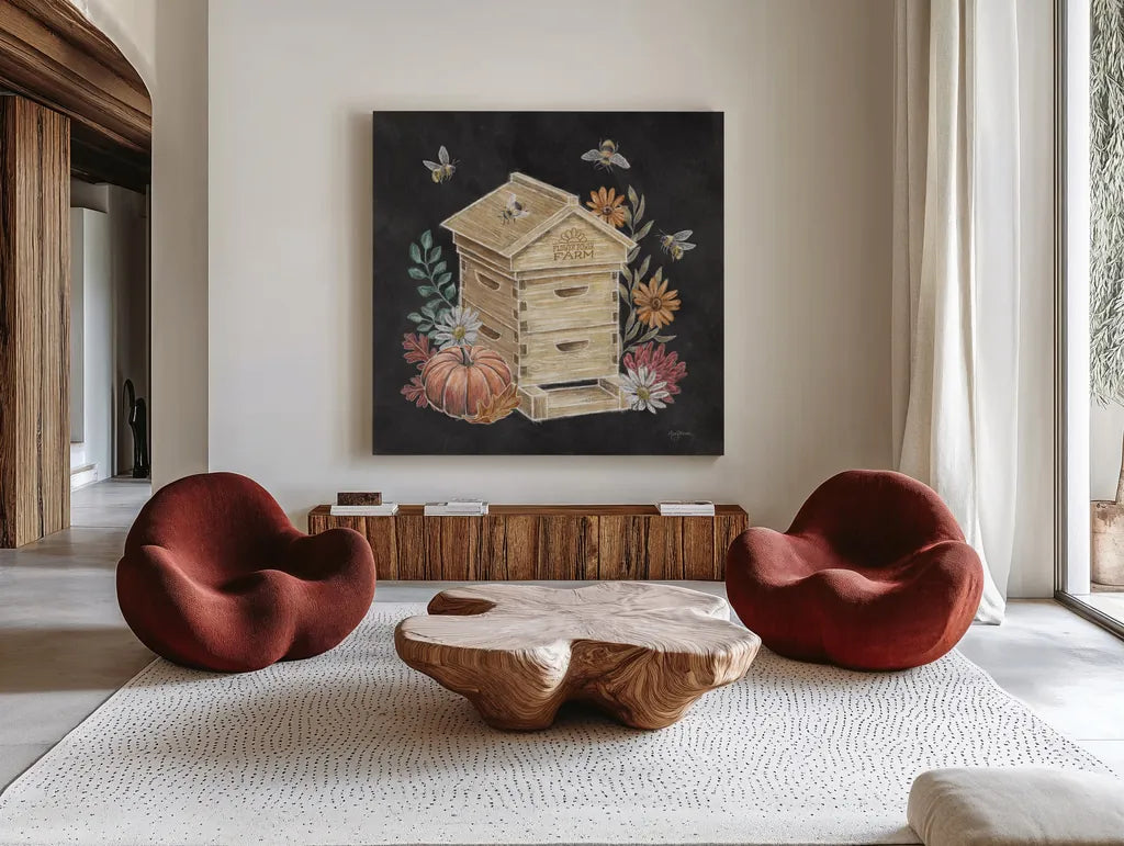Late Summer Harvest IV by Mary Urban. Shown as extra-large giant wall art in a modern living room. Available as an archival giclee rolled canvas, fine art paper, or poster print. SKU 81206a.