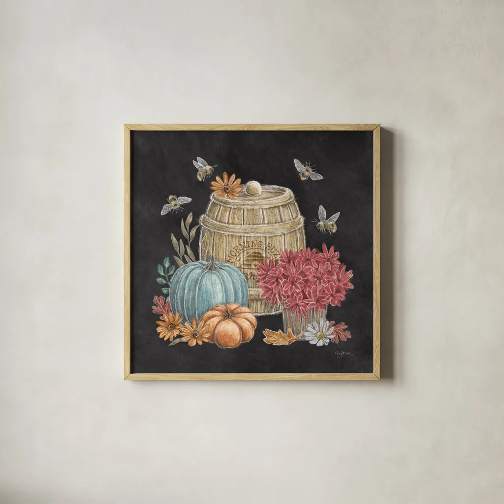 Late Summer Harvest V by Mary Urban. Shown in a natural wood glass frame for a timeless modern aesthetic. Available as an archival giclee rolled canvas, fine art paper, or poster print. SKU 81207a.