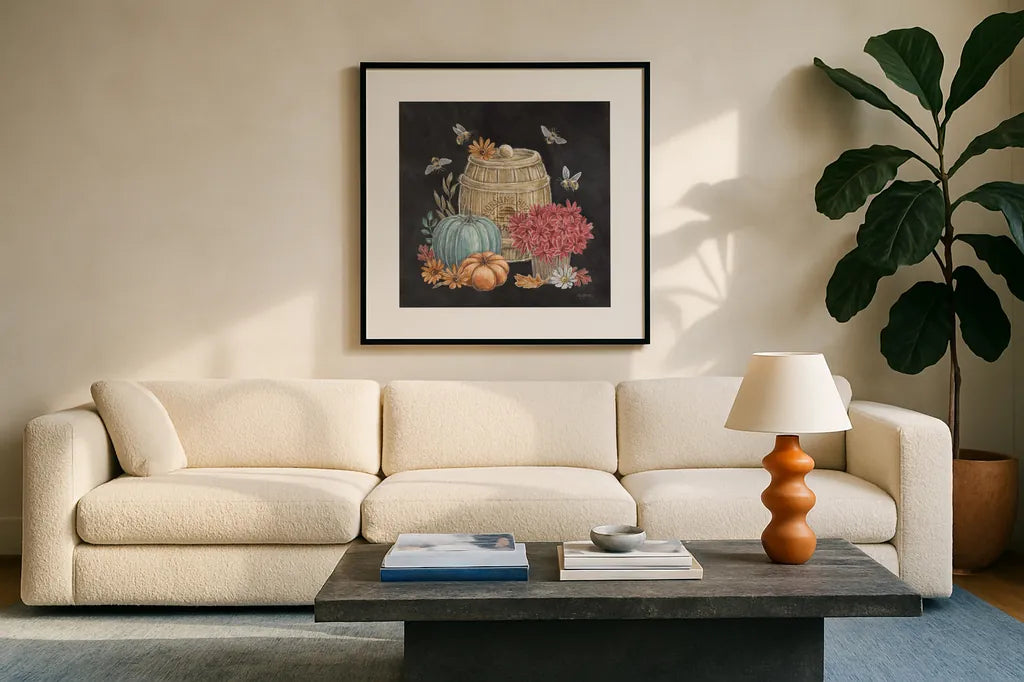 Late Summer Harvest V by Mary Urban. Displayed in a glass frame with matte in a clean modern living room. Available as an archival giclee rolled canvas, fine art paper, or poster print. SKU 81207a.